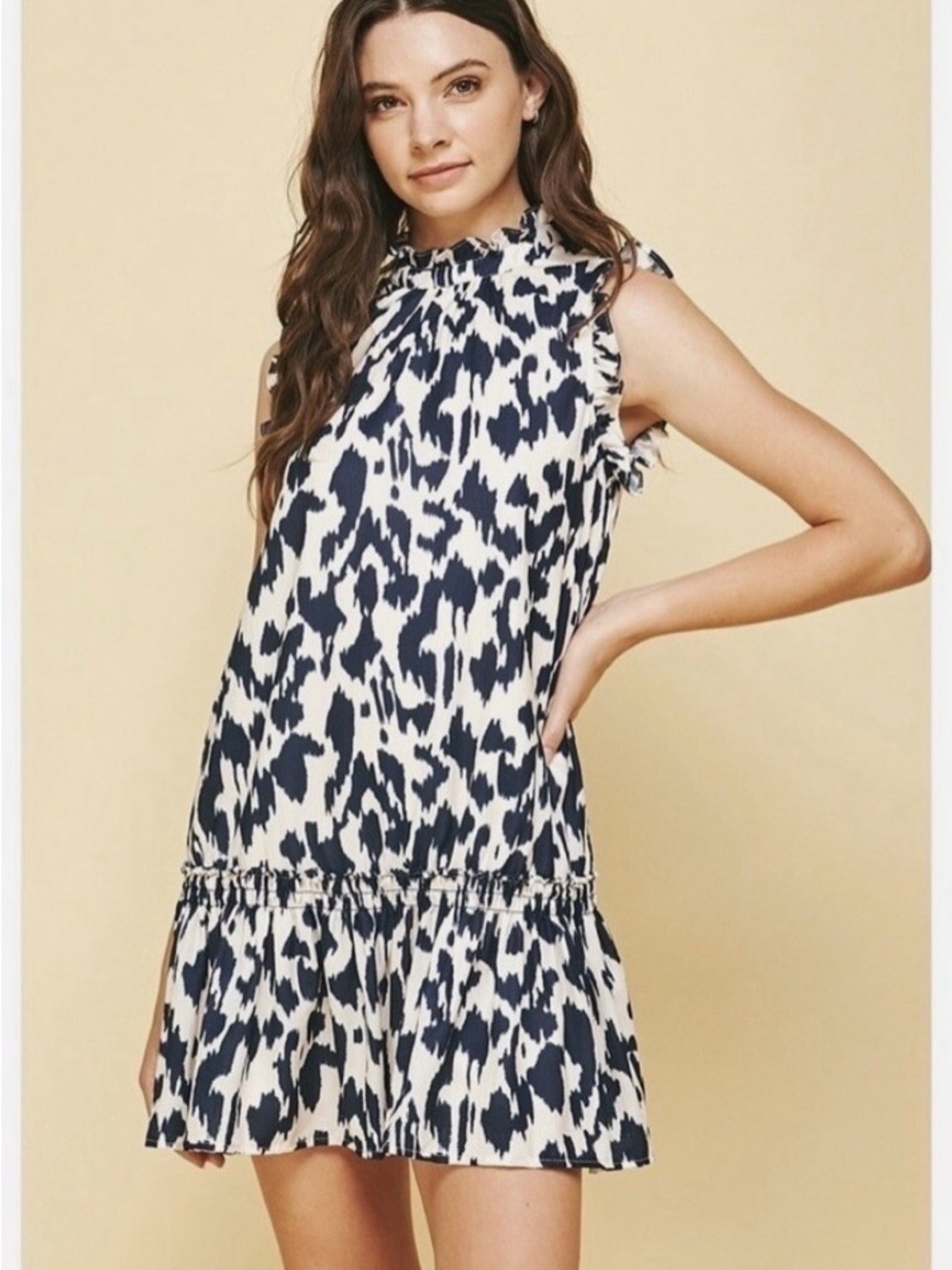 Pinch Navy & White Ruffle-Neck Printed Mini Dress
